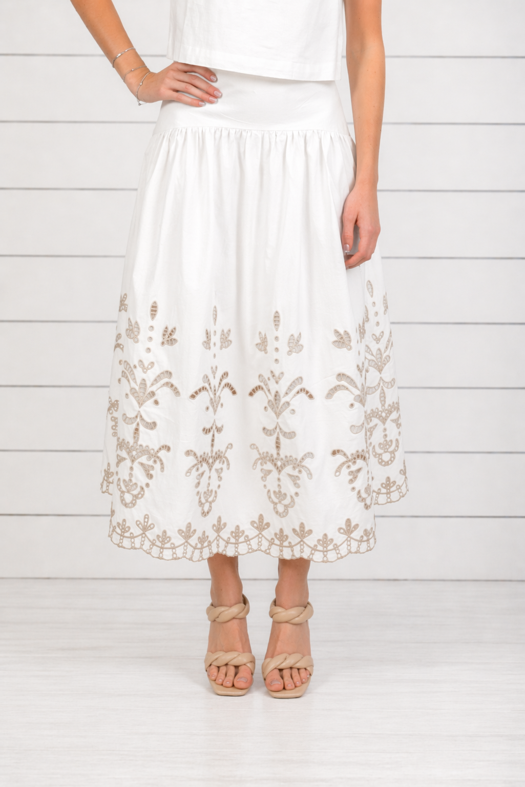 The Lauren Lasercut Linen Midi Skirt | White | The Burgess Collection