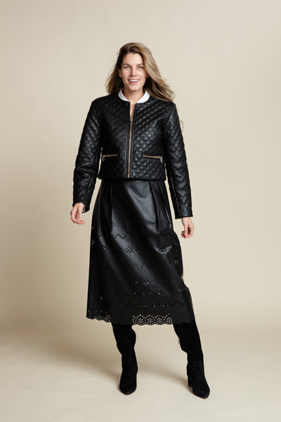The Avalon Lasercut Leather Midi Skirt | Black