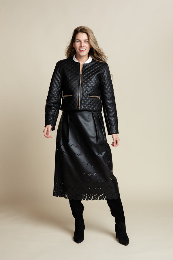 The Avalon Lasercut Leather Midi Skirt | Black