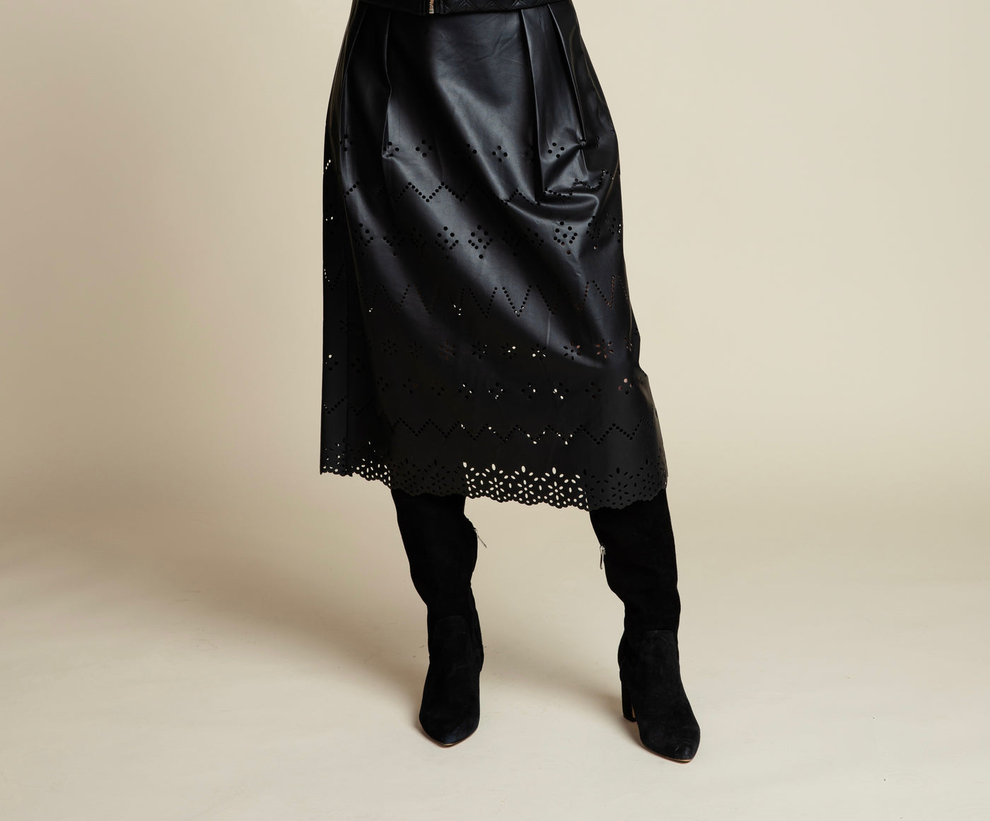The Avalon Lasercut Leather Midi Skirt | Black
