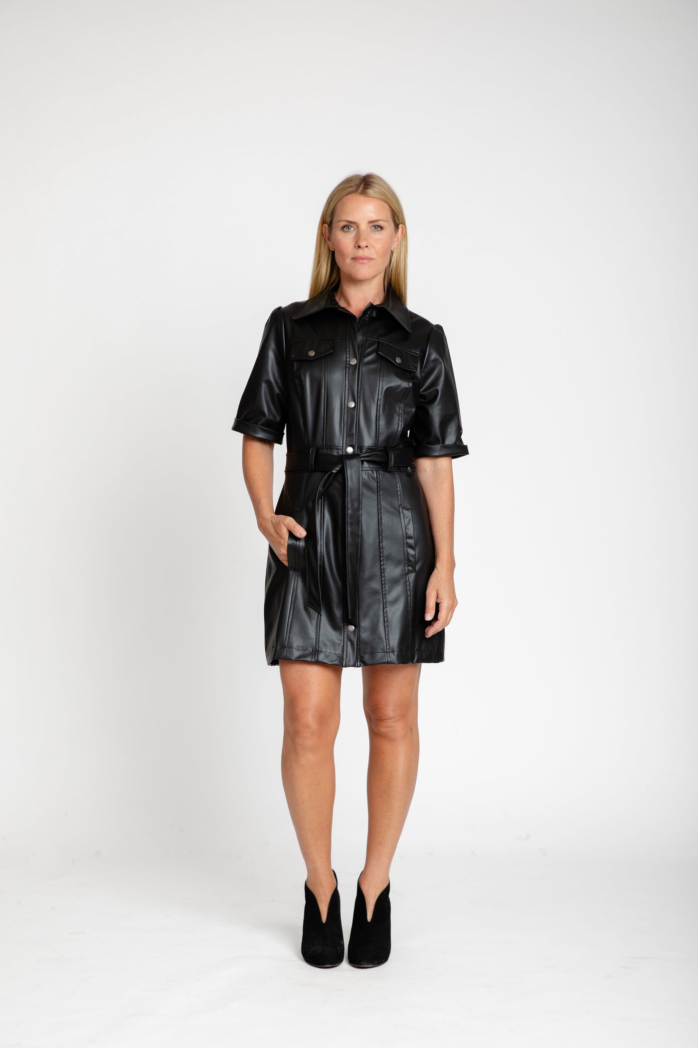 The Vera Belted Leather Dress in Black The Vera Belted Leather Dress in Black