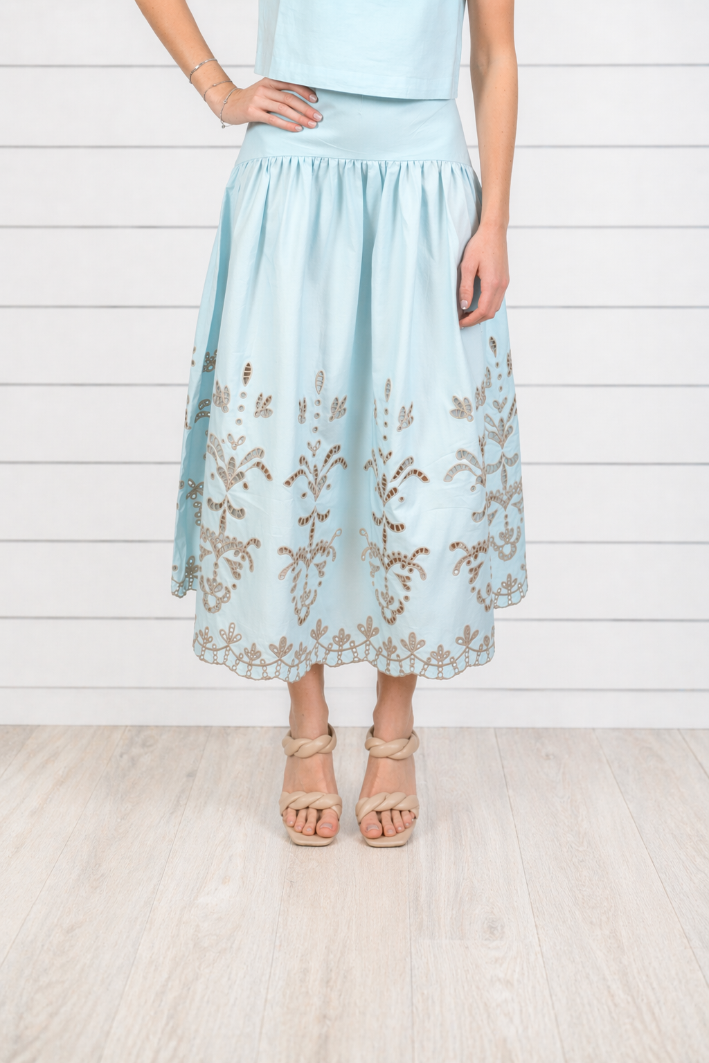 The Lauren Lasercut Linen Midi Skirt | Sky | The Burgess Collection
