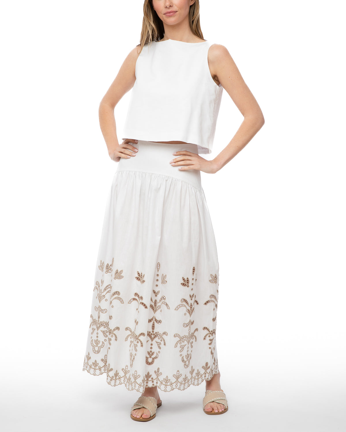 The Lauren Lasercut Linen Midi Skirt | White | The Burgess Collection